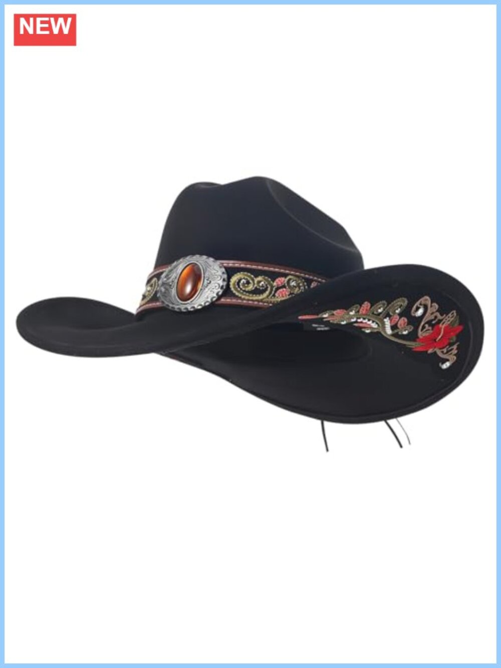 Wide Brim Cowboy Hat with Embroidery Adjustable Felt Suede-Finish
